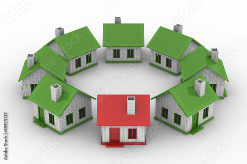 houses standing around on white background. Isolated 3D image