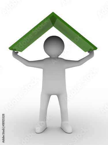 man under roof on white background. Isolated 3D image