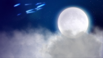 night flying over clouds with falling stars