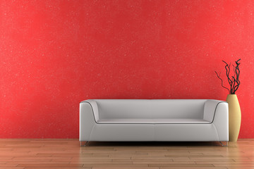 Wall Mural - white sofa and vase with dry wood in front of red wall