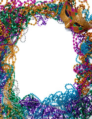 Border made of mardi gras bead and mask on white