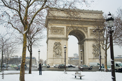 Plakat na zamówienie Rare snowy day in Paris. Arc de Triomphe and lots of snow