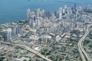 Wall Mural - miami city downtown aerial view blue sea