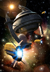 Wall Mural - spaceship and space station