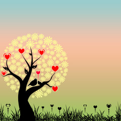 Wall Mural - Abstract love birds and red hearts on yellow flowers tree