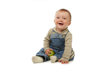 little boy and green apple.