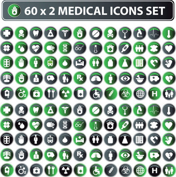 60x2 shiny Medical icons, button web set, eco color