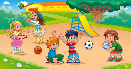 Wall Mural - Kids in the playground. Funny cartoon and vector scene.