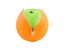 Unzipped Orange With Green Apple Inside Isolated