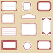 A set of different labels in red and white