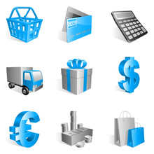Set Of 9 Blue Shopping Icons.