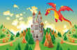 Panorama with medieval castle and dragon. Vector illustration
