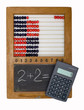 Children's scores, blackboard and calculator
