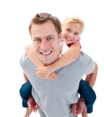 Wall Mural - Smiling father giving his daughter piggyback ride