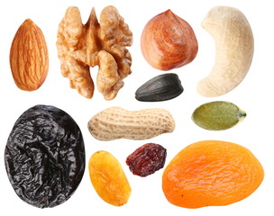 Wall Mural - Close seeds and dried fruits on white background