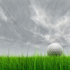  High resolution 3d white golf ball in green grass background
