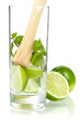 Mojito mix: lime, mint in glass and muddler