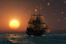 Ancient Ship At Sunset