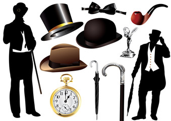 Vector Victorian gentleman set with objects and silhouette