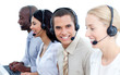 © WavebreakMediaMicro - Smiling business team talking on headset