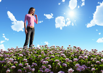 Wall Mural - beautiful woman on flowering field