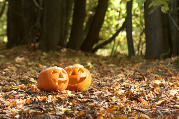 Creepy carved pumpkin face, with a smile, in park