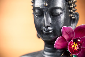 Fototapete - Bouddha et fleur d'orchidée