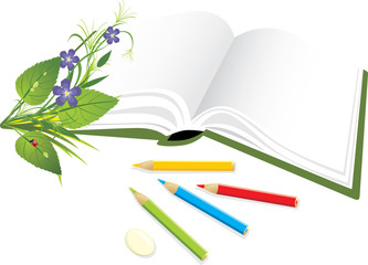 Wall Mural - Book, pencils and bouquet of flowers with ladybird. Vector