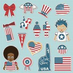 Poster - usa stars and stripes flag supporter stickers vector peely clipart icons on blue background