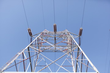 Power lines on a tower.