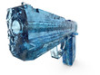Rendered image of blue icy transparent hand gun.
