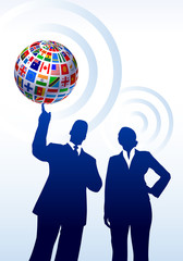 Canvas Print - Business Couple with Flags Globe