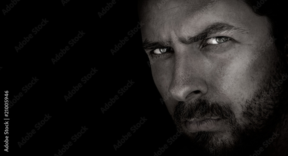 Dark portrait of scary man with evil eyes - obrazy, fototapety, plakaty 