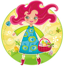 Cute Girl With Basket Full Of Easter Eggs