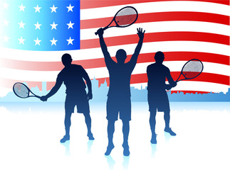 Wall Mural - Tennis Players with United States Flag Background