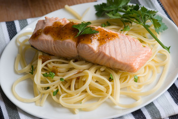 Salmon with sweet chilli sauce and spaghetti