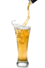 Beer Pouring From Bottle Into Glass Isolated On White
