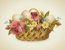 Vintage Easter Basket With Flowers And Easter-eggs