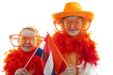 Fototapeta Tulipany - two girls in orange outfit over white background