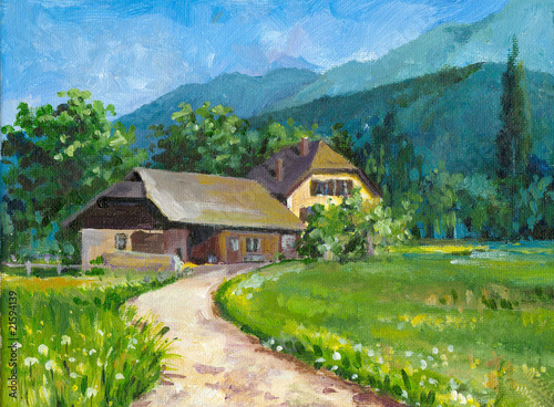 Naklejka - mata magnetyczna na lodówkę Village landscape oil painted.