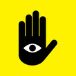 hand with an eye on a yellow background