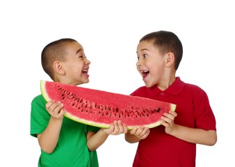 children and watermelon, isolated on white
