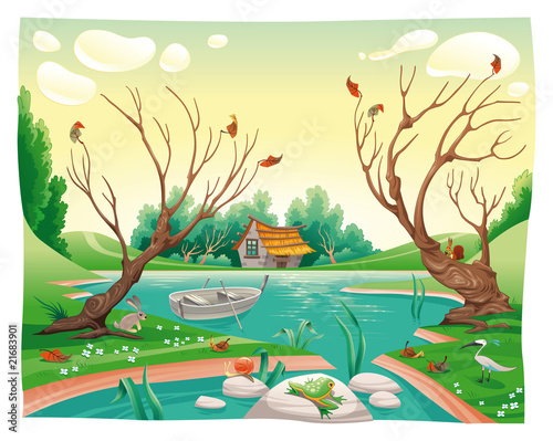 Foto-Fußmatte - Pond and animals. Funny cartoon and vector illustration (von ddraw)