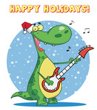 Fototapeta Dinusie - Dinosaur plays guitar with santa hat with happy holidays sign