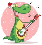 Fototapeta Dinusie - Dinosaur plays guitar with santa hat