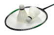 Badminton racquet with volans over white