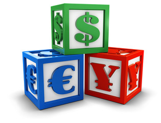 Alphabet blocks with currency signs (3d illustration)