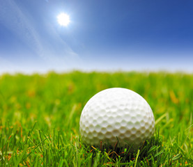 A golf ball on a green grass and a blue sky