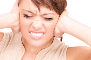 Poster - unhappy woman with hands on ears