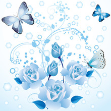Blue Roses And Butterflies.
